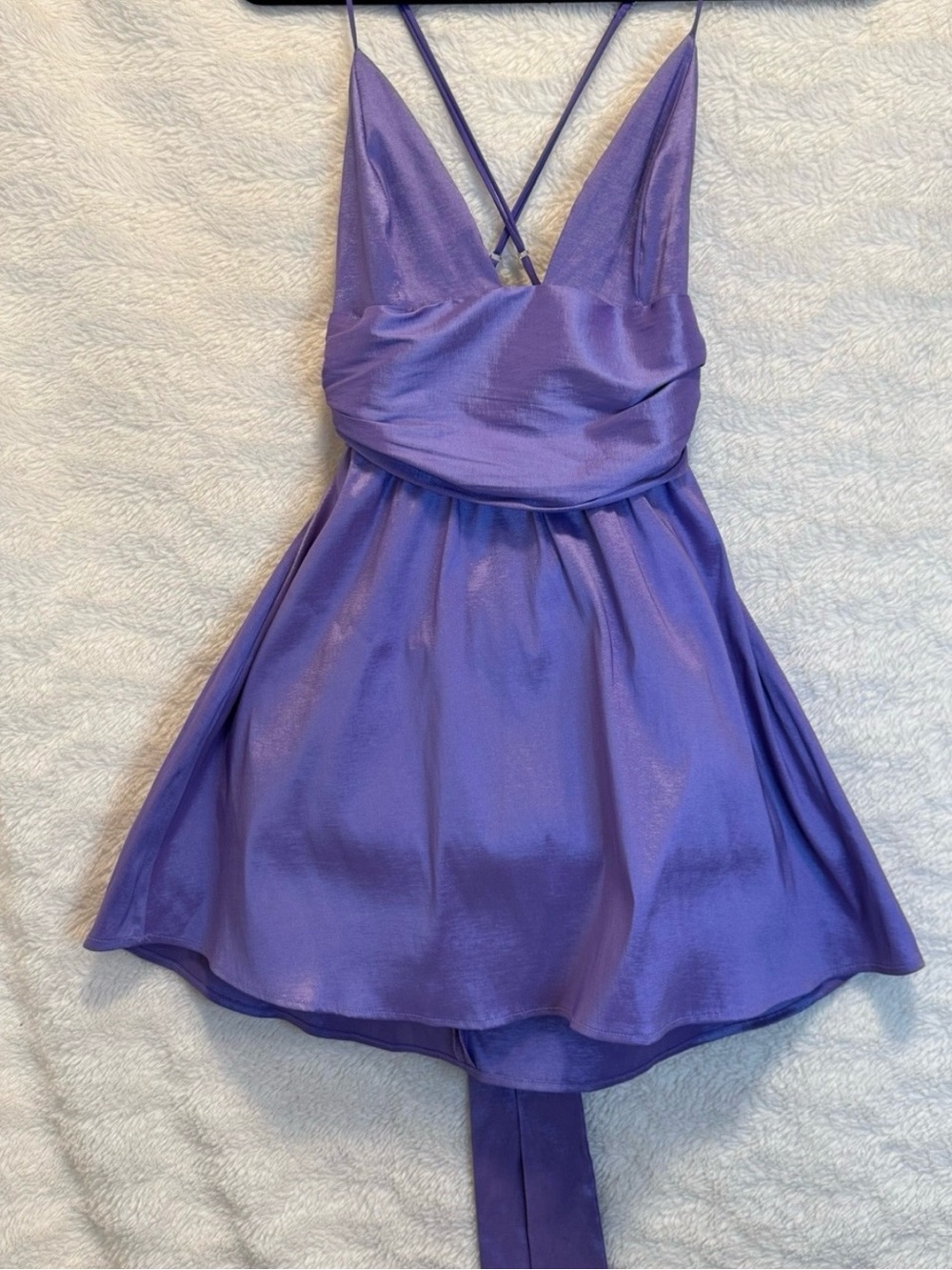 Lucy in the Sky Shimmery Purple Satin Chemise with Crisscross Straps